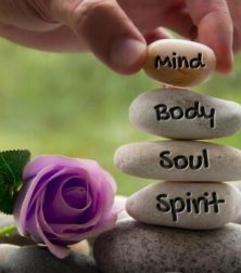Stacked stones labeled mind, body, soul, spirit with a purple rose on pebbles, promoting balance and wellness.